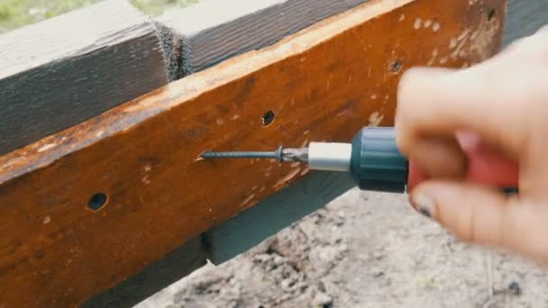 Мужские руки затянуть винт в деревянной доске со специальной отверткой — стоковое видео