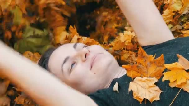 Az arc a szép, fiatal lány, aki abban rejlik, hogy az őszi sárga lomb, és élvezi az élet smink nélkül portréja — Stock videók