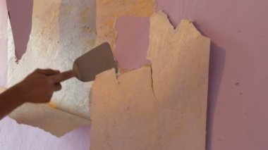 Erkek inşaatçılar el akıntılar ya da özel bir spatula ile duvar eski pembe duvar kağıdı kabuğu