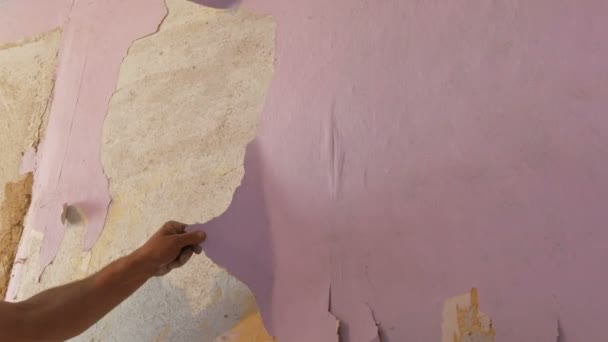 Man cleans or peels the wall from old wallpaper — Stock Video