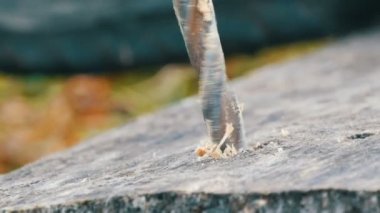 Erkek el sondaj ahşap ile manuel sondaj makinesi açık havada sonbahar yakın görünüm