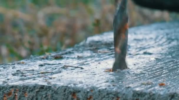 Het mannelijke boor hout van de hand met handboor machine buiten in de herfst close-up mening — Stockvideo