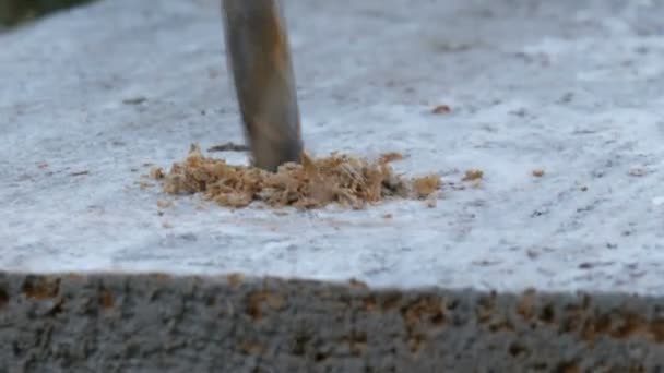 Maschio mano legno di perforazione con perforatrice manuale all'aperto in autunno vista da vicino — Video Stock