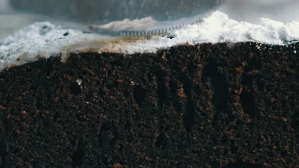 Нож режет шоколадный пирог тесто крупным планом макро зрения — стоковое видео