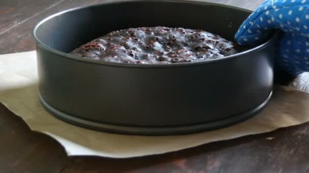 Mano femminile in guanto da cucina blu prende appena sfornato torta brownie al cioccolato fatto in casa sul tavolo — Video Stock