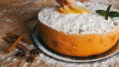 Taze pişmiş yemyeşil lezzetli elmalı turta Charlotte toz şeker ile serpilir dilimlenmiş elma ile süslenmiş, tarçın çubukları ve anason yanında