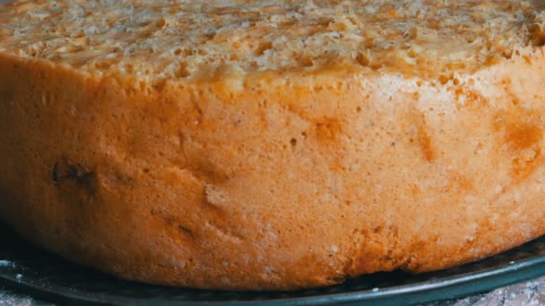 Świeżo upieczony bujny pyszne jabłko ciasto Charlotte posypane cukrem pudrem z bliska widok — Wideo stockowe