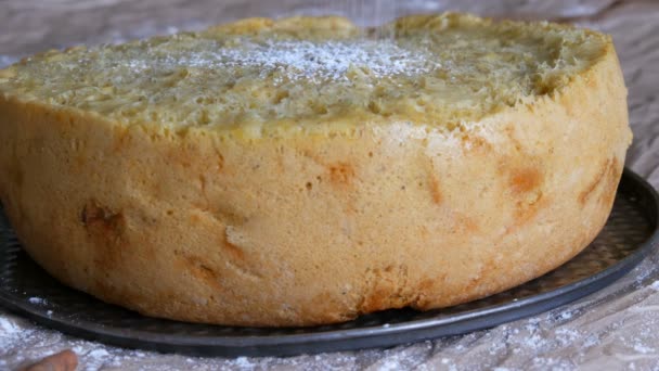Délicieuse tarte aux pommes Charlotte fraîchement cuite saupoudrée de sucre en poudre vue rapprochée — Video