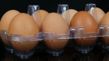 Beyaz arka planda şeffaf bir plastik tepsi büyük kahverengi tavuk yumurtası