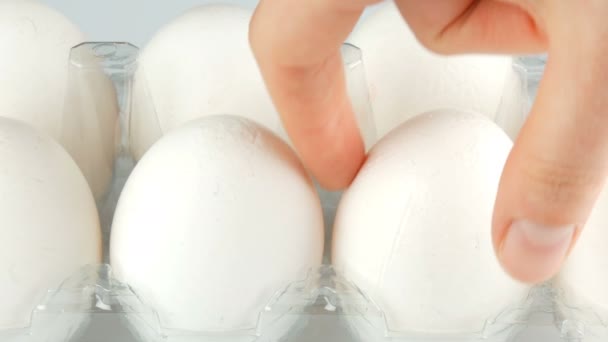 Beyaz arka planda şeffaf plastik tepsisinde büyük beyaz tavuk yumurtası — Stok video
