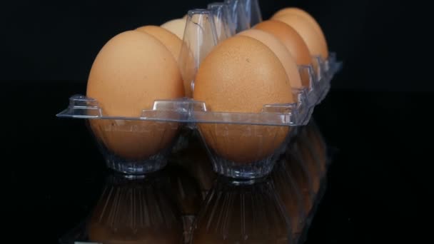 Large brown chicken eggs in a transparent plastic tray on white background — Stock Video