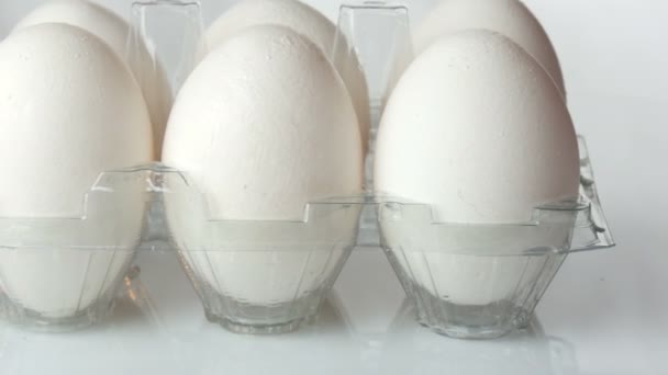 Grands œufs de poulet blancs dans un plateau en plastique transparent sur fond blanc — Video