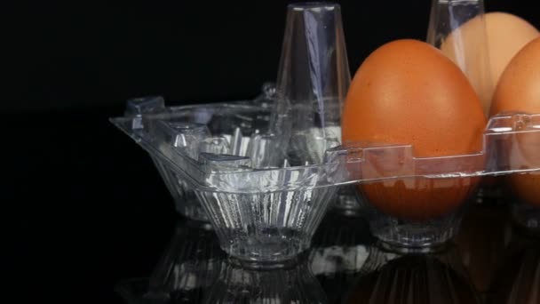 Великі коричневі курячі яйця в прозорому пластиковому лотку на білому тлі — стокове відео