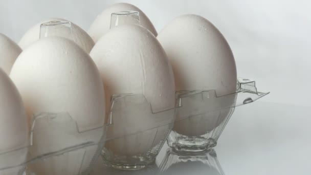 Grote witte kippeneieren in transparante plastic tray op een witte achtergrond — Stockvideo