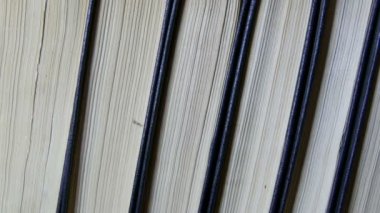 Kütüphanede bir kitaplıkta büyük eski kitapların satırı