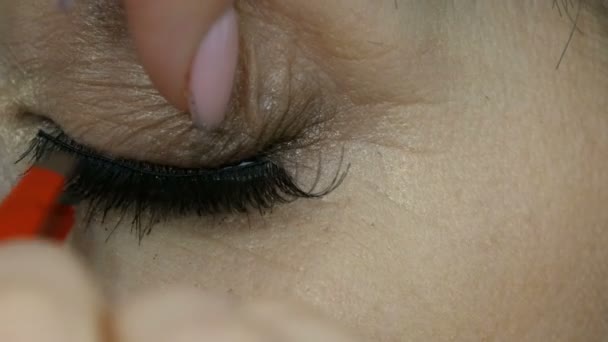 Maquilleuse professionnelle colle de faux cils sur les yeux bleus d'une femme adulte d'âge moyen vue de près — Video