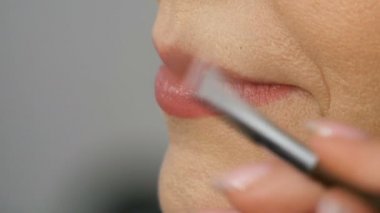 Bir güzellik salonunda orta yaş yetişkin kadın. Stilist özel fırça kullanarak ruj ile ana boyalar dudaklar makyaj. Yüzün soluk derisi. Yaşa bağlı değişiklikler yakın görünüm
