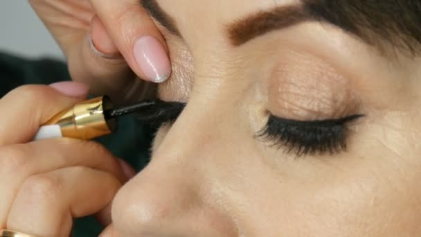 Vacker medelålders vuxen modell med blå ögon som applicerar eyeliner närbild. Professionell make up artist ansöker svart eyeliner. Långa lösögonfransar — Stockvideo