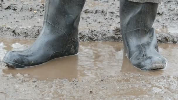 Bir adam kauçuk botlarda çamurlu su birikintisi boyunca yürür. — Stok video