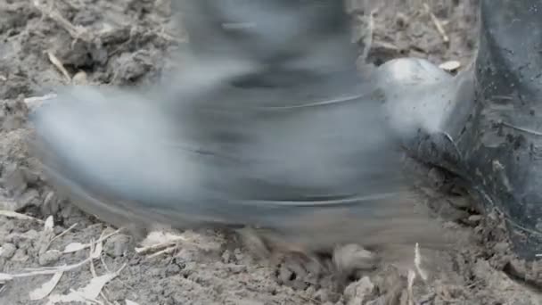 Mens rubber boots in dirty muddy wet ground — Stock Video