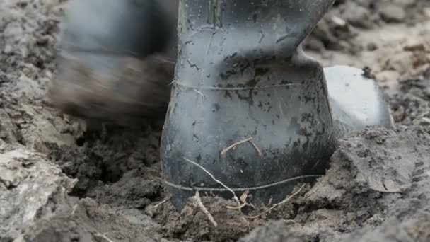 Męskie gumowe buty w brudnym błotnistym mokrym podłożu — Wideo stockowe