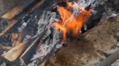 Tatlı su nehir balık haç sazan Carassius ateşte kızartılmış ve duman ızgara yakın görünümü. Yangında lezzetli ızgara balık