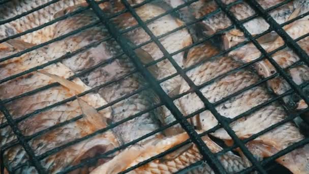 Sötvatten flod fisk Babushka karp Carassius stekt på eld och rök grill närbild Visa. Läcker grillad fisk på elden — Stockvideo