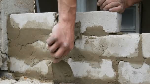 Constructor masculino colocando ladrillo blanco sobre cemento y pared de pie. Manos del hombre colocando ladrillos de construcción vista de cerca — Vídeo de stock