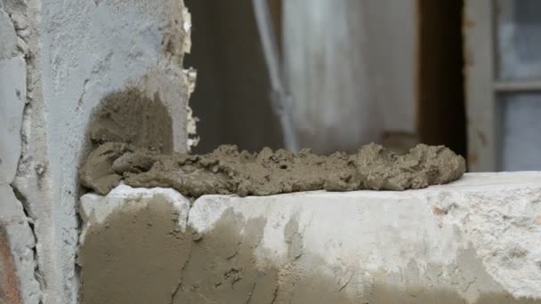 Bâtisseur masculin pose de brique blanche sur le ciment et mur debout. Mains de l'homme posant des briques de construction vue rapprochée — Video