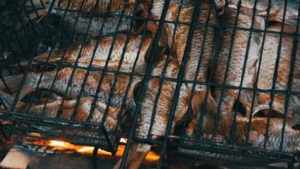 Carpa cruciana de peces de río de agua dulce Carassius frito en el fuego y humo parrilla vista de cerca. Delicioso pescado a la parrilla en el fuego — Vídeo de stock