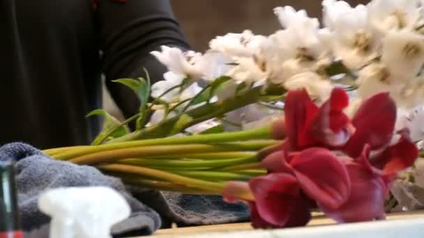 花のアレンジや新鮮な花の花束を作る女性花屋の手 — ストック動画