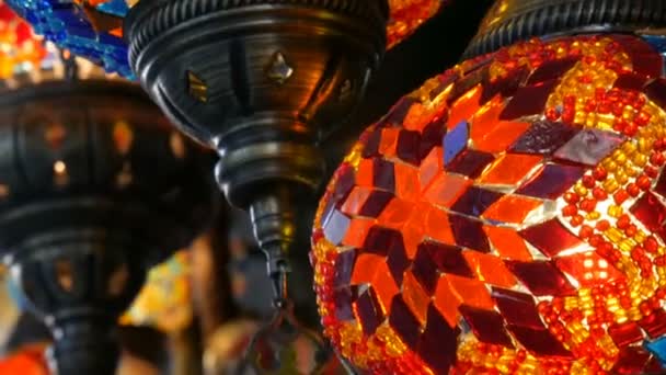 Multi-colored Turkish mosaic lamps on ceiling market in the famous Grand Bazaar in Istanbul, Turkey — Stock Video