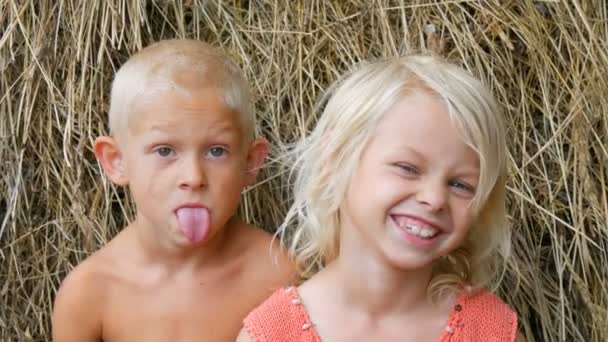 Divertido feliz con caras sucias hermano rubio y hermanos niños tontos alrededor, hacer caras y cuernos entre sí en el fondo de pajar en la aldea al aire libre en un día de verano — Vídeos de Stock