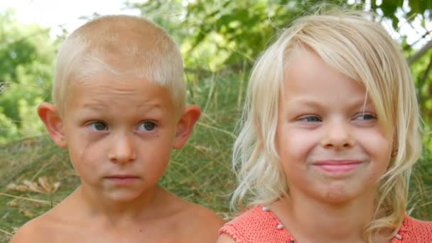 Srandovní špinavé tváře děti blonďaté sourozenci dělají obličeje smích a baví se ve vesnici o přírodě za letního dne