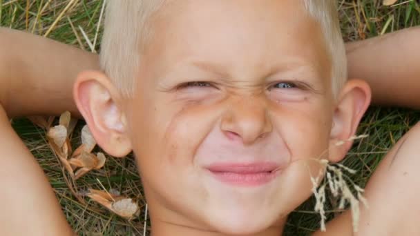Портрет смішного красивого п'ятирічного хлопчика блондинки з брудним обличчям лежить на траві своїми руками за голову і жує соломинку в селі в літній день — стокове відео
