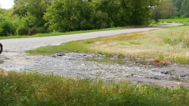 Divertido descalzo niña de siete años monta un charco enorme en una bicicleta en el pueblo en un día de verano — Vídeos de Stock