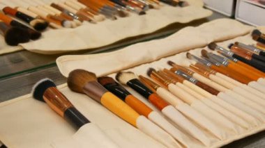 Çeşitli özel makyaj fırçaları çok güzellik salonunda bir masada bir durumda yalan. Makyaj için farklı profesyonel fırçalar seti