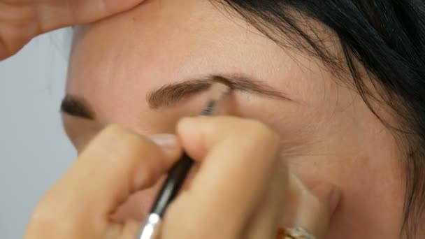 Retrato de uma bela modelo de mulher de olhos azuis com cabelo preto longo que está fazendo maquiagem olho marrom à noite e sobrancelha com escova especial — Vídeo de Stock