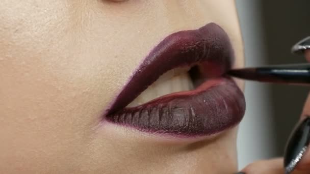 Saftige dunkelschwarz-rote Lippen werden mit speziellem Pinsel-Lippenstift und Lipgloss geschminkt, der von einem professionellen Make-up-Artist aufgetragen wird. High Fashion, Mädchen Modell Lippen Nahaufnahme — Stockvideo