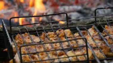 Doğada barbekü ızgara et ızgara. Kızartma Taze Et, Tavuk Barbekü, Sosis, Kebap, Hamburger, tatil. Adam hazır et için çalışır. Yangın arka planı