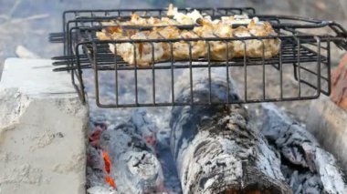 Doğada barbekü ızgara et ızgara. Kızartma Taze Et, Tavuk Barbekü, Sosis, Kebap, Hamburger, tatil