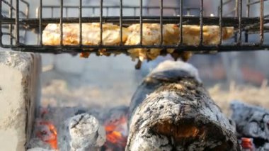 Doğada barbekü ızgara et ızgara. Kızartma Taze Et, Tavuk Barbekü, Sosis, Kebap, Hamburger, tatil