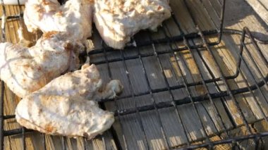 Doğada barbekü ızgara et ızgara. Kızartma Taze Et, Tavuk Barbekü, Sosis, Kebap, Hamburger, tatil.