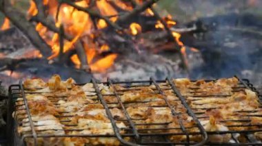 Doğada barbekü ızgara et ızgara. Kızartma Taze Et, Tavuk Barbekü, Sosis, Kebap, Hamburger, tatil. Adam ızgarayı çeviriyor.