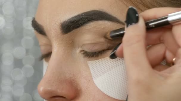 Professionell make-up artist gör smink sotade ögon brun nyans av en vacker modell med gröna ögon närbild — Stockvideo