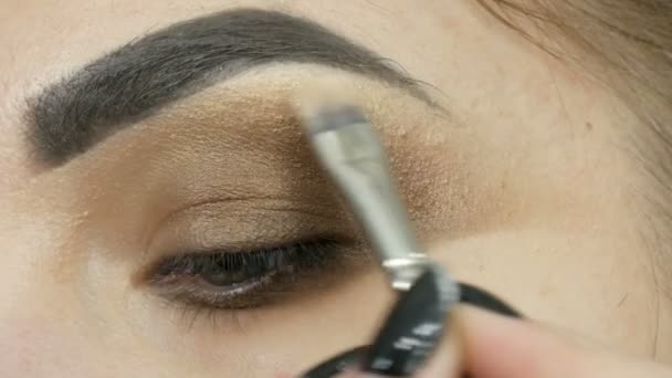 Professionelle Visagistin lässt das Make-up rauchige Augen aus braunem Farbton eines schönen Modells mit grünen Augen aus nächster Nähe sehen — Stockvideo