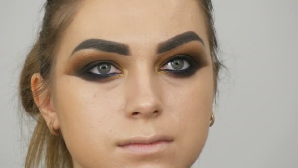 Профессиональный визажист делает макияж дымчатыми глазами коричневого оттенка красивой модели с зелеными глазами — стоковое видео