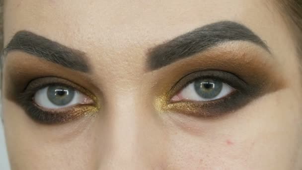 Artiste maquilleur professionnel rend les yeux fumés maquillage de nuance brune d'un beau modèle avec les yeux verts de près — Video