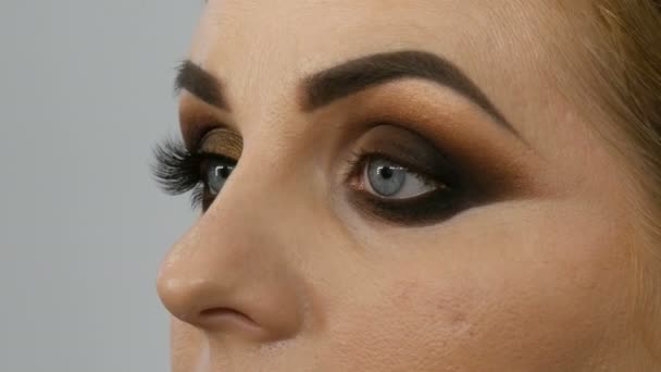 Mistr make-up naneste do salónu krásy zlatý smočkové oko v salonu s tlustou ženskou s modrými oči zblízka — Stock video