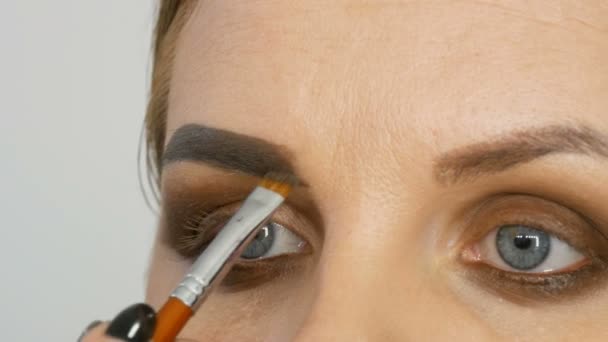 Profesional maestro de maquillaje artista aplica sombra de ojos beige con cepillo especial en el ojo modelo en salón de belleza vista de cerca — Vídeos de Stock